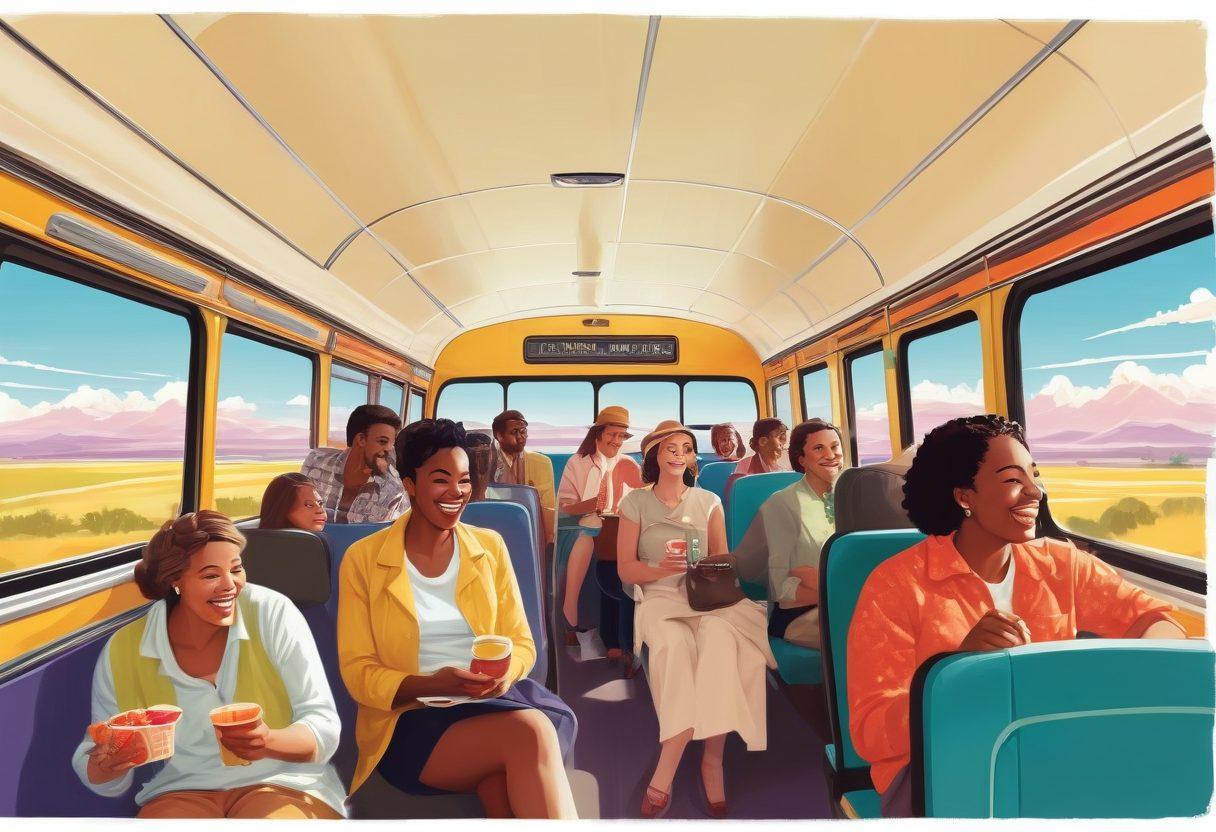 A cheerful depiction of diverse travelers enjoying a bus journey, seated comfortably with scenic landscapes visible through the large windows. Add elements of joyful interaction among passengers, like laughter and shared snacks, with a backdrop of a sunny sky and colorful horizon. Include a vintage-style bus adorned with happy travel posters. Vector art. Vibrant colors. White background.