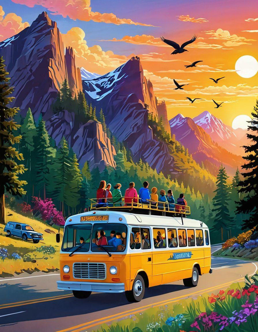 A lively travel scene depicting diverse groups of people enjoying a shuttle bus ride through a scenic landscape filled with mountains and forests. Include colorful shuttles lined up, showcasing affordability and comfort, with happy travelers and their luggage. Add elements like a sun setting in the background and birds flying, enhancing the sense of adventure. vibrant colors. digital illustration.