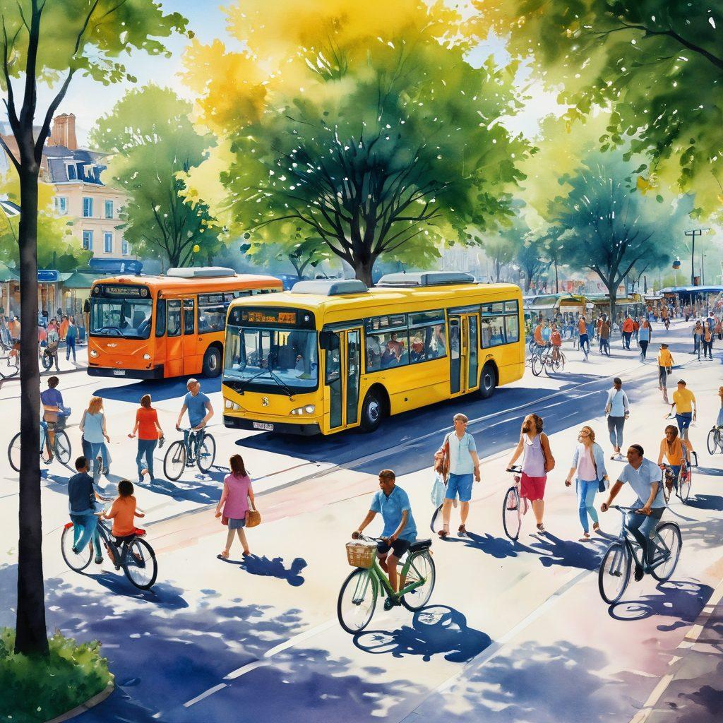 A vibrant scene showcasing diverse people happily using various forms of community transport, including buses, bicycles, and trams, all interacting in a sunny park setting. Include subtle elements like colorful maps and ticket machines to enhance the sense of journey. The atmosphere should feel lively and inclusive, emphasizing connection and shared experiences among cultures. watercolor style. bright colors. dynamic composition.